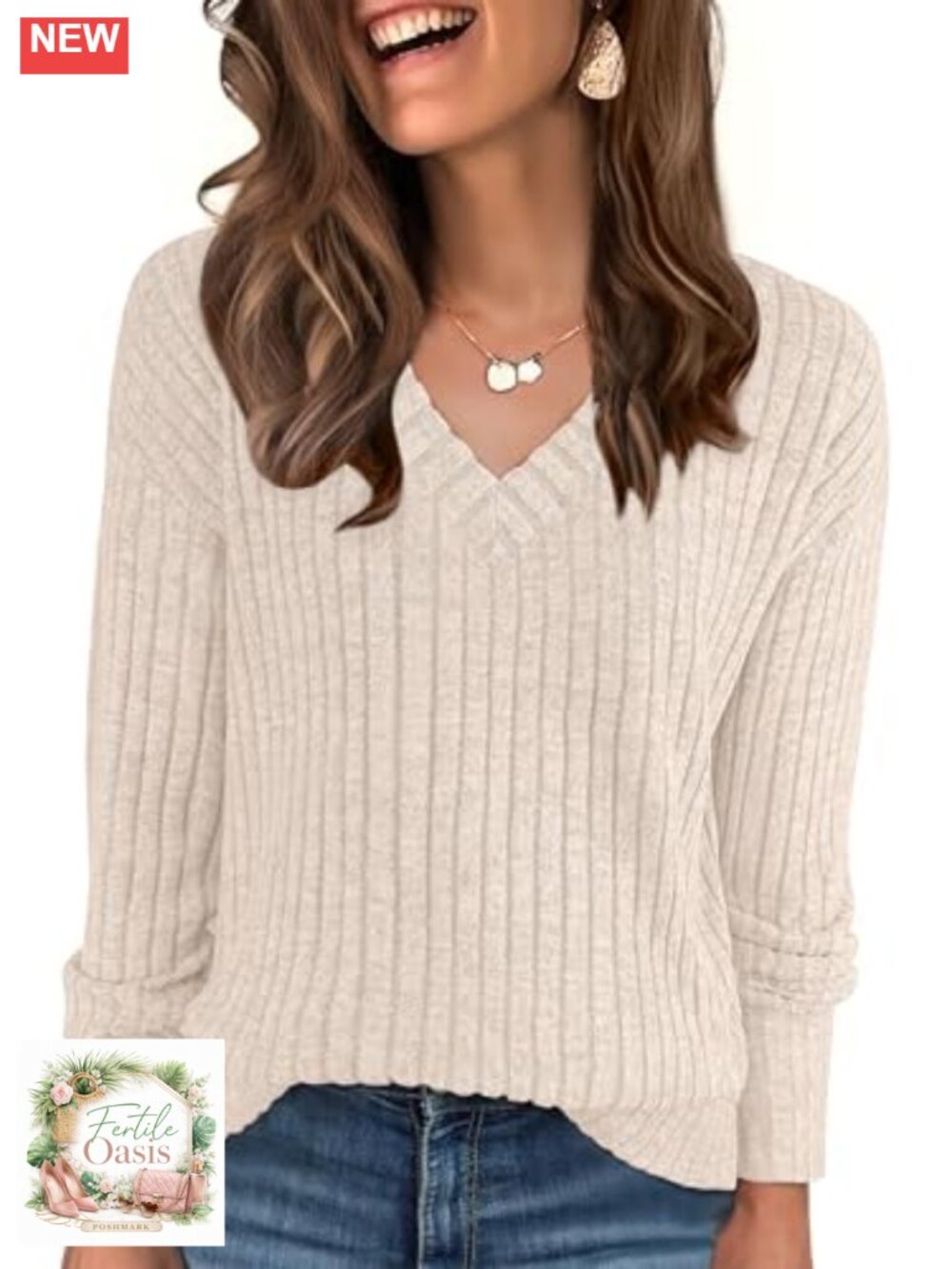 Ribbed V-Neck Long Sleeve Tunic Top Loose Fit